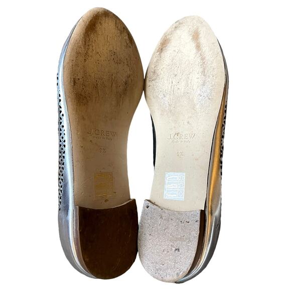 J Crew 9.5 Silver Metallic Lasercut Italian LEATHER Ballet Flats Slip On Loafers - Picture 6 of 10